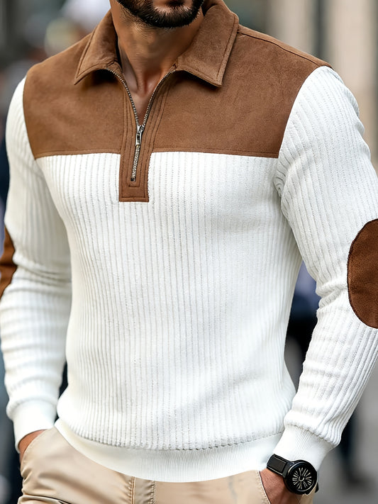 Men's Autumn Winter Color Block Pullover Sweater with Lapel - ayq