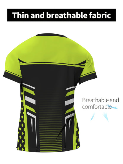 Geometric print high stretch skinny fit short sleeve crew neck T-shirt, quick-drying sports top for summer fitness, training and gym wear