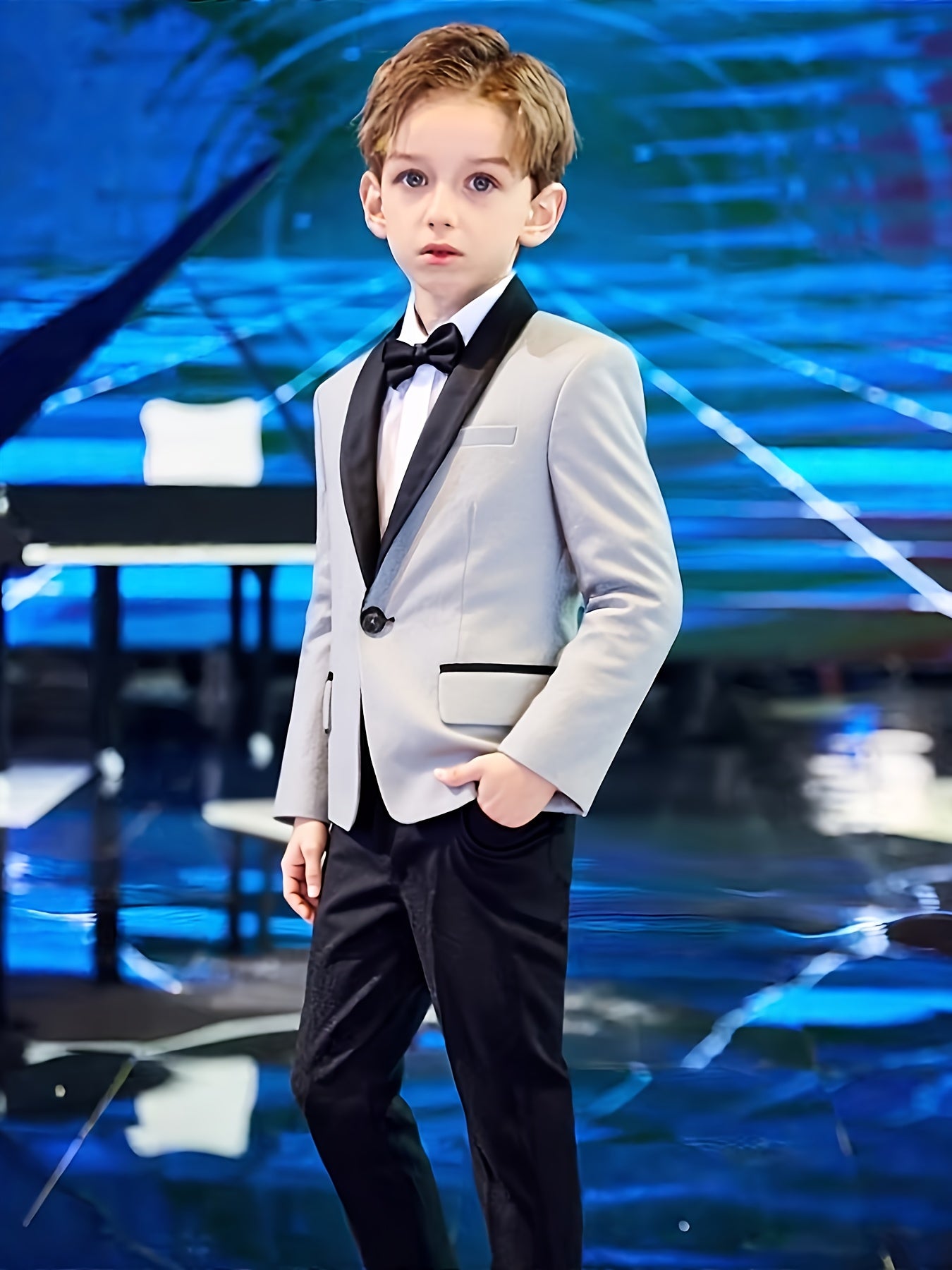 Boys' All-Season Skinny Casual Sequin Suit with Shawl Collar