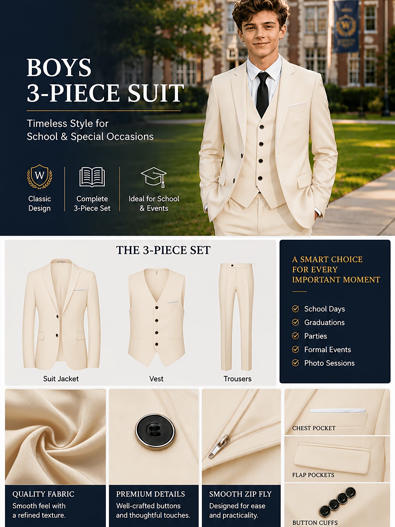 3-Piece Boys' Formal Suit Set with Vest and Straight-Leg Pants