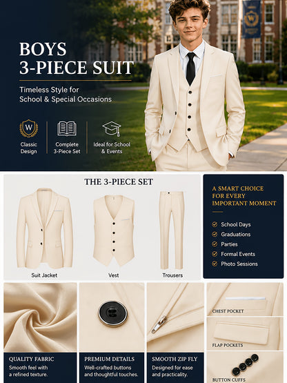 3-Piece Boys' Formal Suit Set with Vest and Straight-Leg Pants