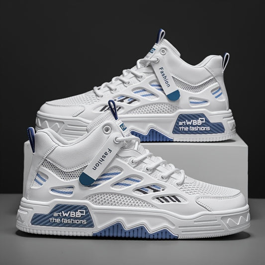 Men's High Top Fashion Sneakers Graphic Print Lace-Up Casual Skateboard Shoes with Round Toe, PU  Mesh Upper, Fabric Lining, and Rubber Sole