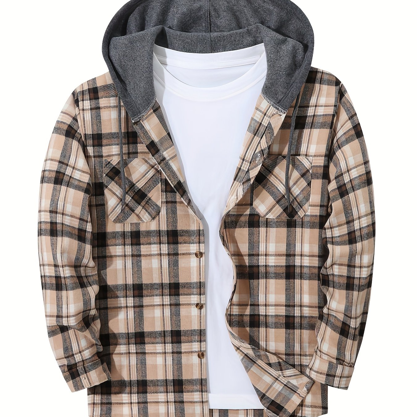 Plaid Shirt Coat For Men Long Sleeve Casual Regular Fit Button Up Hooded Shirts Jacket