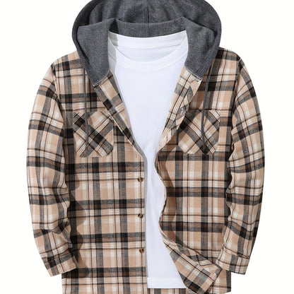 Plaid Shirt Coat For Men Long Sleeve Casual Regular Fit Button Up Hooded Shirts Jacket