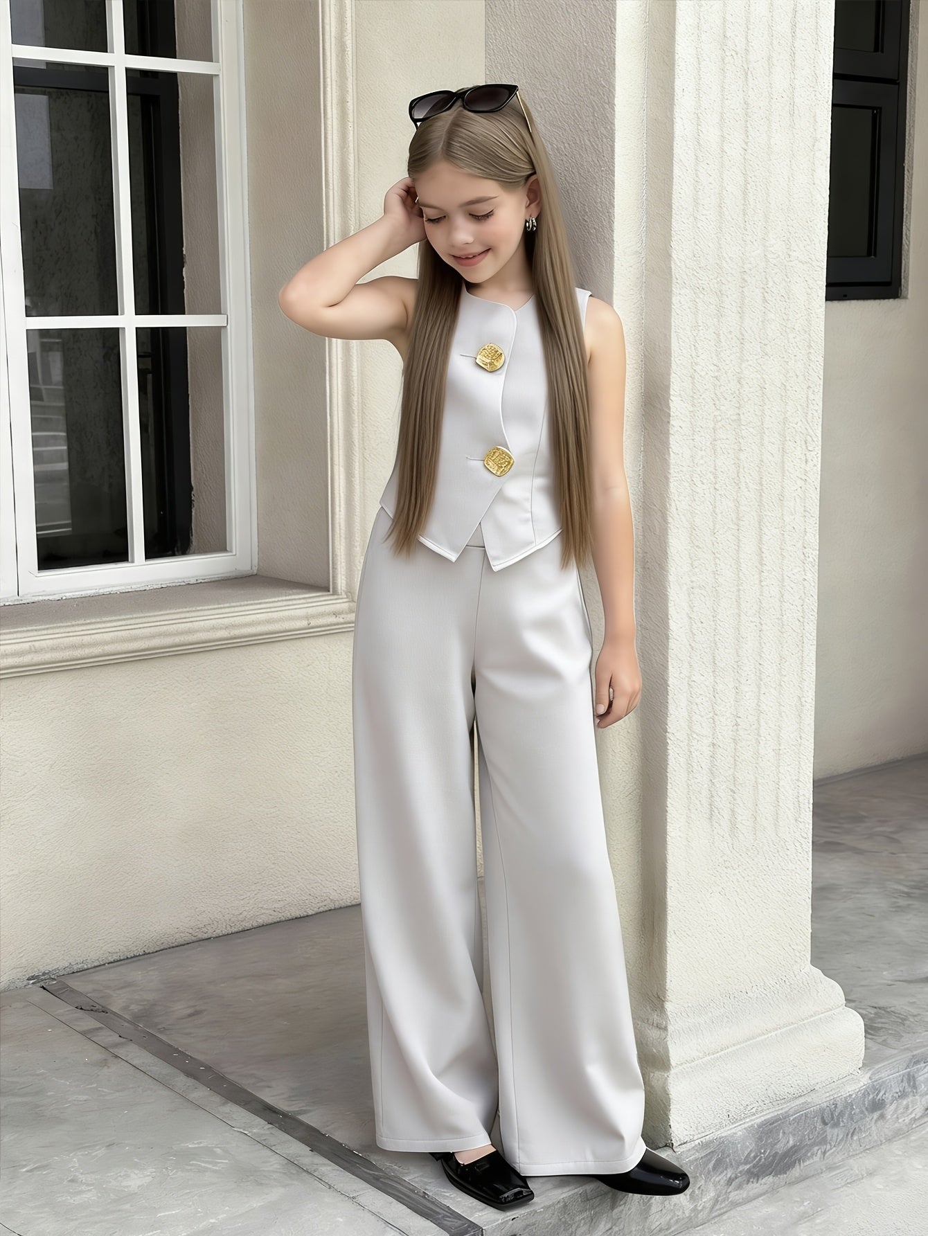 Teen Girls' Sleeveless Suit Vest & Wide-Leg Pants Two-Piece Set