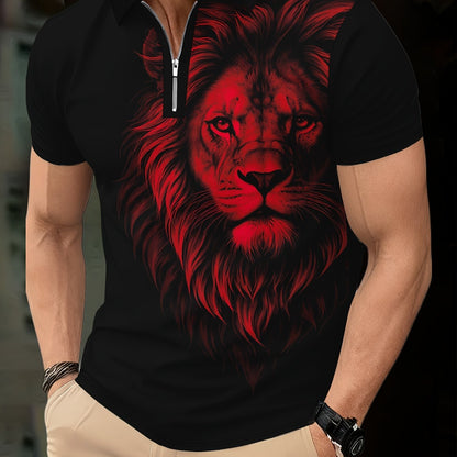 Men's Zip Shirt Short Sleeve Summer Trendy Lion Print Collar T-Shirt Business Casual Slim Fit Men's Top Women's Clothing