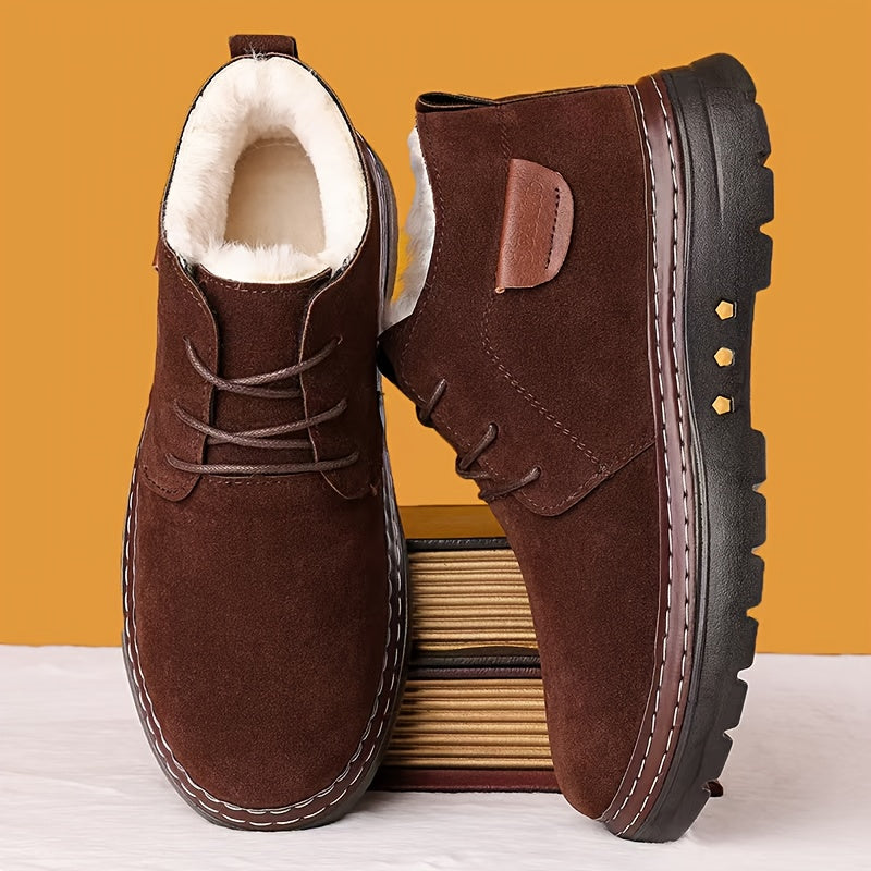 Men'S Hand-Stitched Winter Snow Boots - Slip-On Fleece-Lined Warmth, Non-Slip Rubber Sole, Thickened Insulation, Black Casual Short Boots for Cold Weather, Everyday Comfort Footwear, Durable Traction Footwear