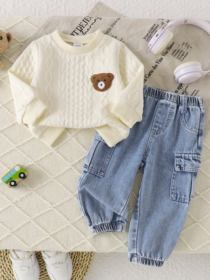 Cute Baby Boy Fall Set: Bear Sweatshirt & Denim Jogger Pants - ayq
