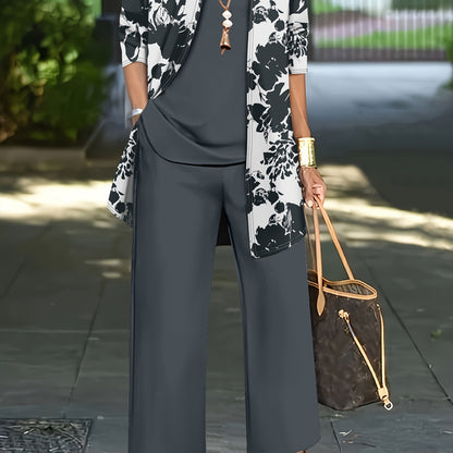 Plus Size, A three-piece set of elegant and unique female plus-size floral printed top and solid-colored vest and trousers