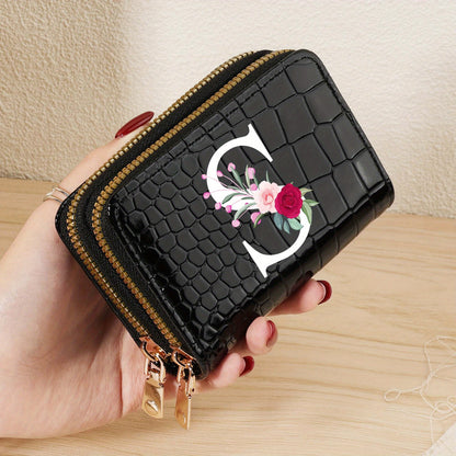 Minimalist Women'S Short Wallet Featuring a Double Zipper Design, with a Crocodile A-Z Letter Pattern. This Stylish Handbag Also Serves As a Fashionable Coin Wallet, Perfect for Travel, Back-To-School, Or Parties.
