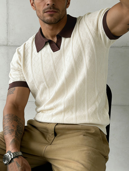 Men's Jacquard Knit Short Sleeve Polo with Contrast Collar