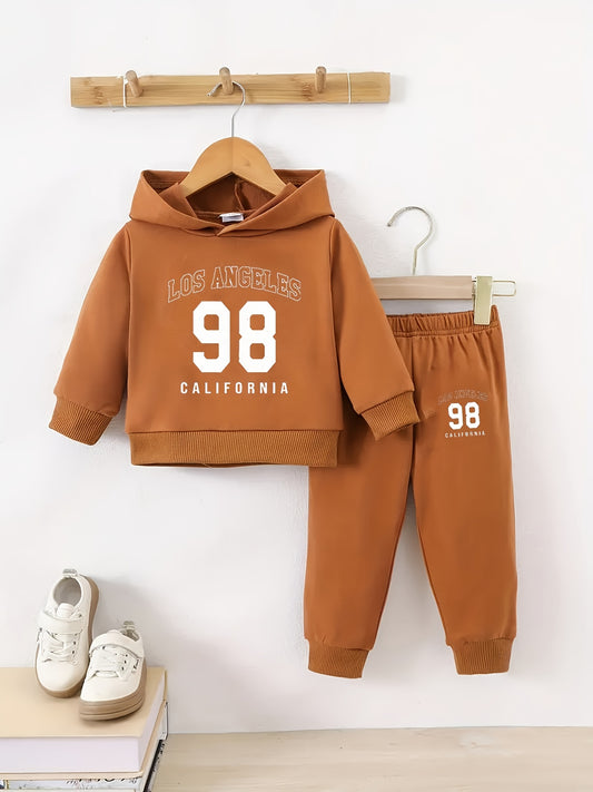 Newborn Baby Boy's Long Sleeve Fleece Hooded Sweatshirt with Number and Letter Pattern + Casual Sports Pants Set for Autumn and Winter Outdoor Wear, Perfect for Outdoor