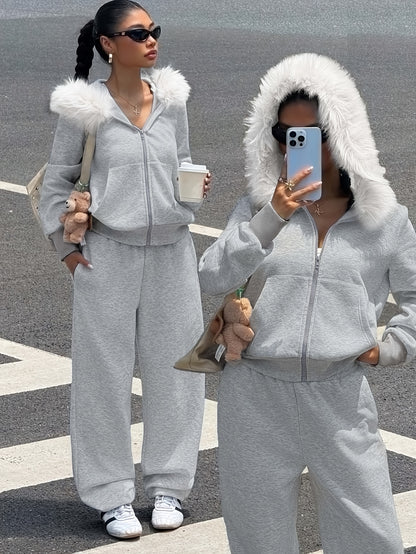 Women's Casual Polyester Hoodie & Wide-Leg Pants Set - ayq