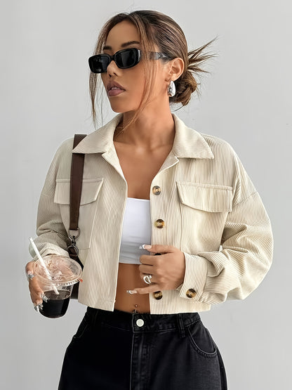 Women'S Chic Beige Bomber Jacket with Button Details - Casual Short Sleeve, Lapel Collar, Pockets, Perfect for Fall/Winter Outings, Casual Outerwear | Chic Bomber Jacket | Buttoned Jacket