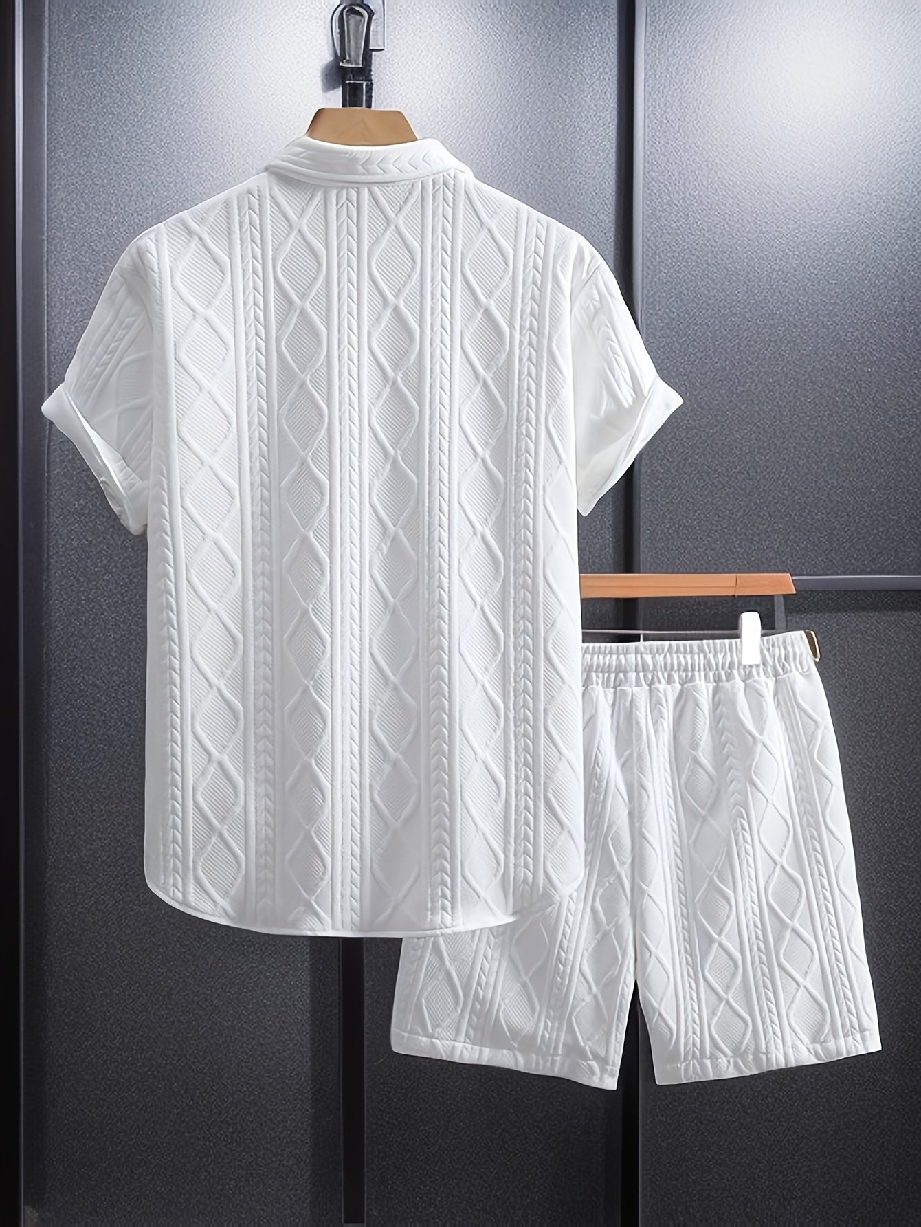 Men's Set Shirt Short Sleeve Shorts Thick Solid Color Knit Jacquard Casual Comfort High-Quality Two-Piece Set