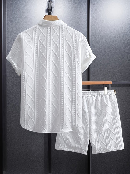Men's Set Shirt Short Sleeve Shorts Thick Solid Color Knit Jacquard Casual Comfort High-Quality Two-Piece Set