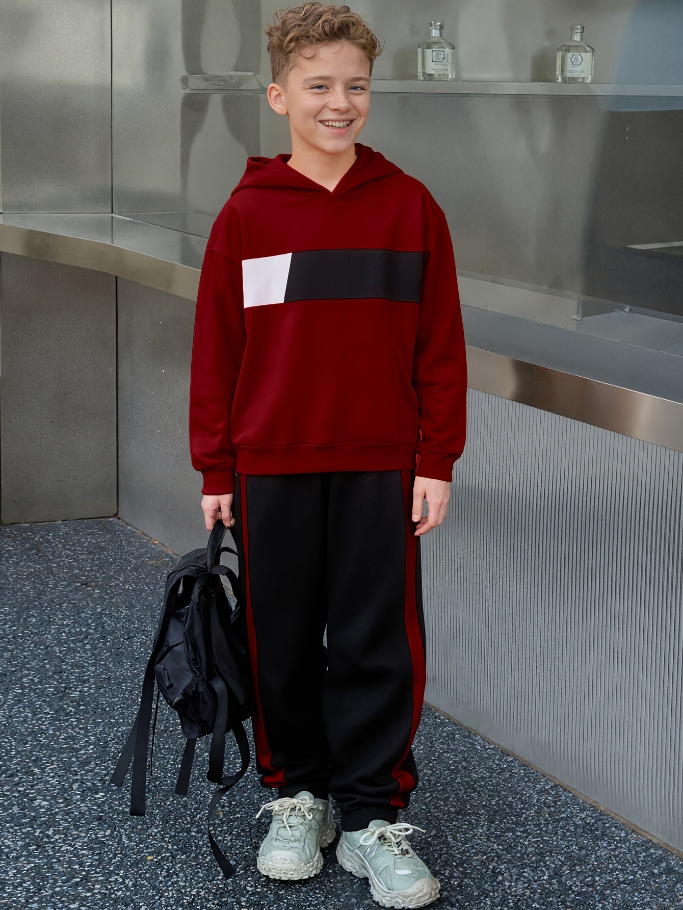 2pcs Boys' Winter Hooded Sweatsuit & Pants - Warm Sweater Outfit with Matching Long Pants, Colorblock Hoodie (Suitable for & Big Kids) - Machine Washable 2pcs set, Perfect for Outdoor