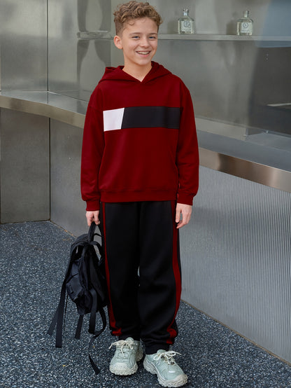 2pcs Boys' Winter Hooded Sweatsuit & Pants - Warm Sweater Outfit with Matching Long Pants, Colorblock Hoodie (Suitable for & Big Kids) - Machine Washable 2pcs set, Perfect for Outdoor