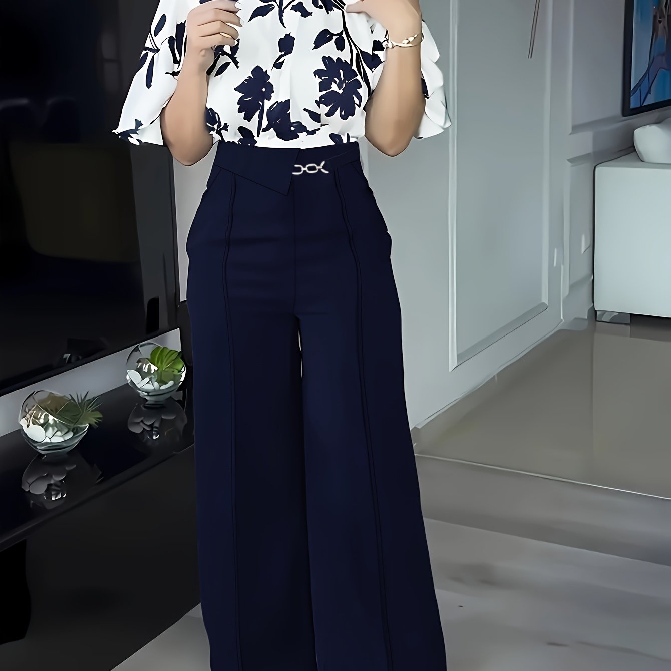 ZD0410952 Women's Printed Spring/Summer Elegant Commuter Casual Shirt 2pcs Set