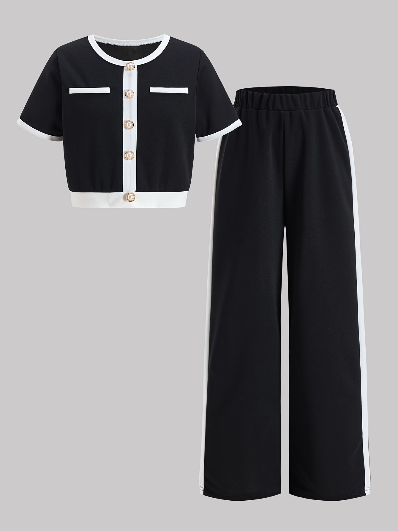Girls Black & White Contrast Beaded Top with Straight-Leg Pants
