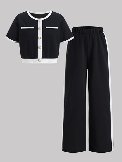 Girls Black & White Contrast Beaded Top with Straight-Leg Pants