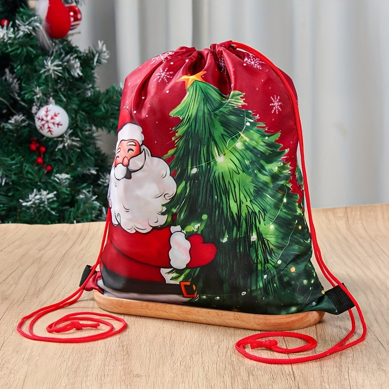 1pc Santa Claus Christmas Tree Drawstring Bag - Red & Green Holiday Gift Packaging with Santa, Snowflakes & Pine Trees, Durable Polyester Gym Bag for Christmas, New Year, Festive Design, Seasonal Decorations, Festive Occasion
