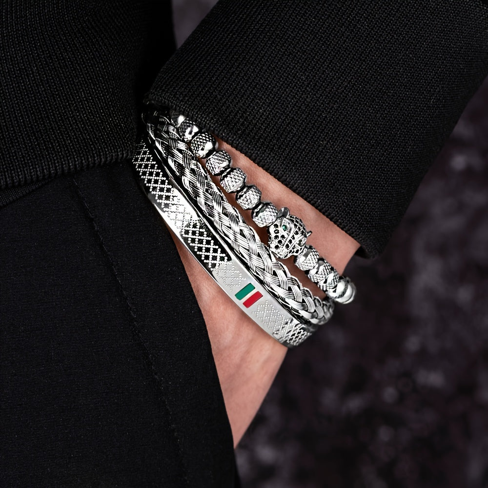 European and American Classic Light Luxury Leopard Head Handmade Braided Men's Bracelet Red Green Drop Glue Bracelet Set