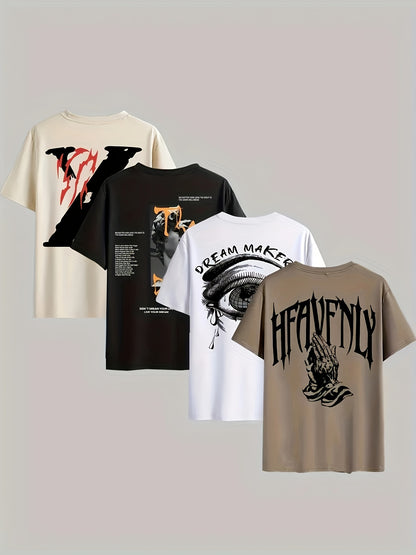 4pcs Men's Casual 3D Graphic T-Shirts - Bold Letter  Abstract Print Short Sleeve Tees, Regular Fit Round Neck, Machine Washable, All-Season Comfort, 4 Color Options, T Shirts Graphic, Edgy Streetwear, Nontransparent Fabric