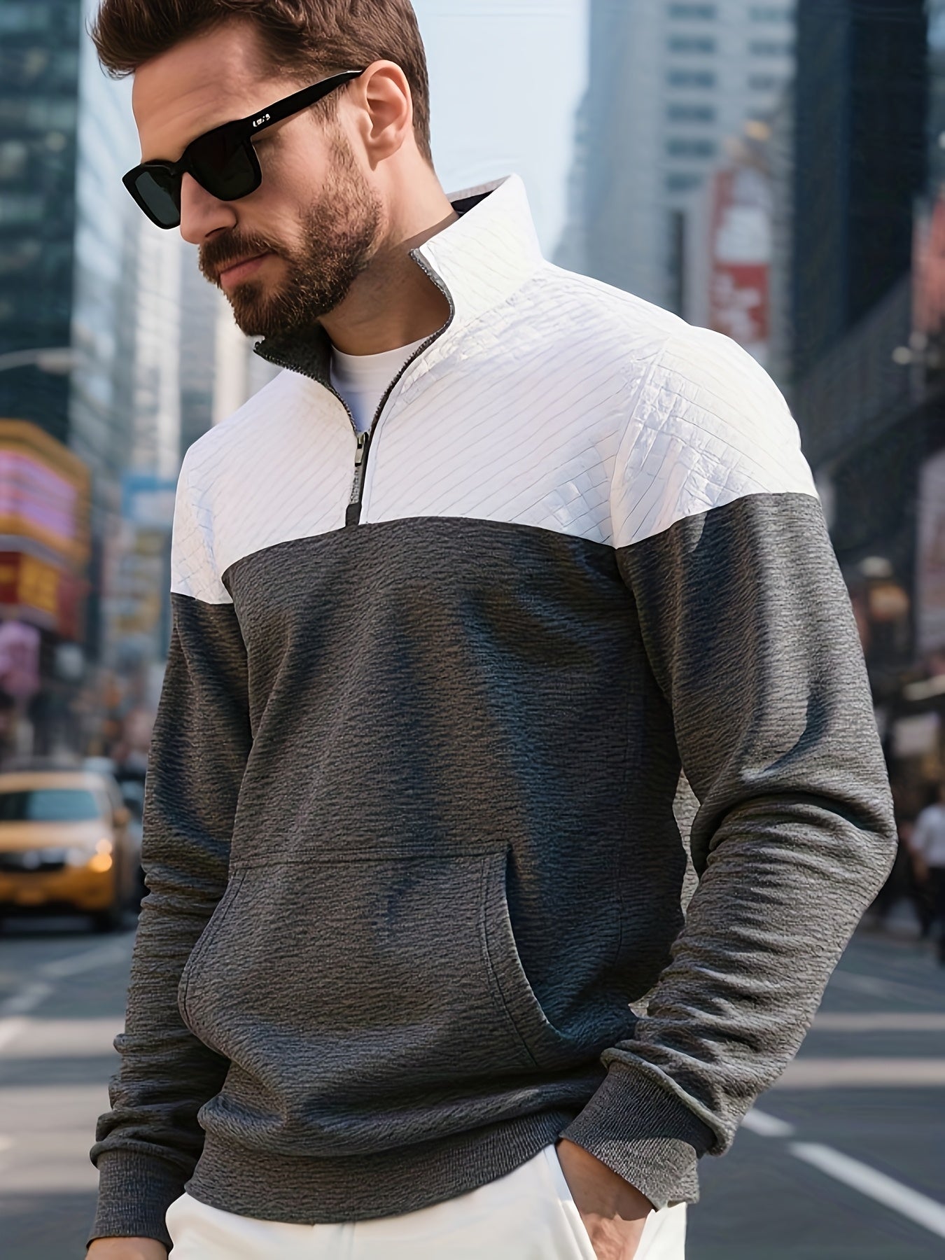 Men's Casual Half-Zip Color Block Sweatshirt with Kangaroo Pocket