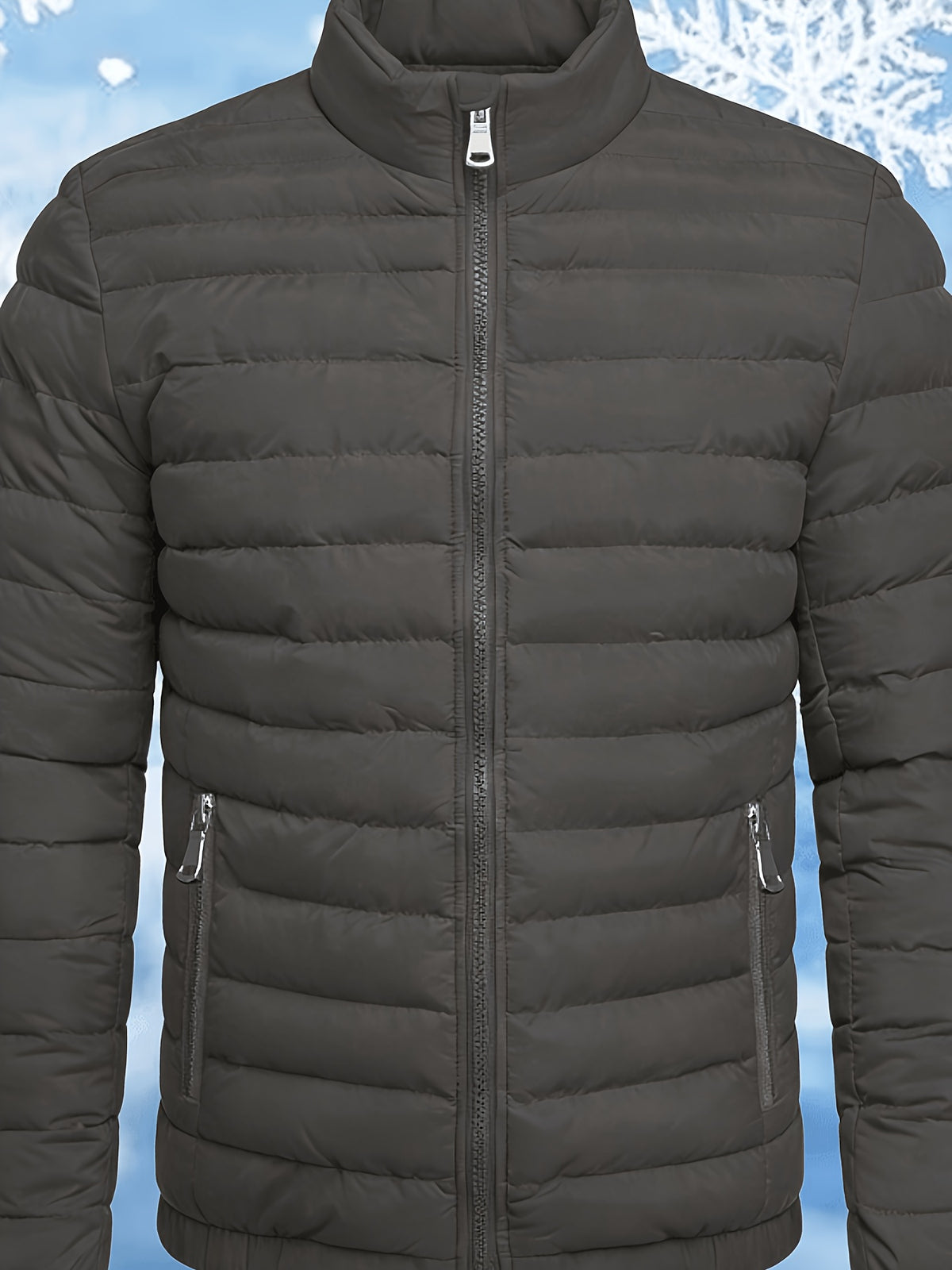 Men's Stand Collar Winter Jacket with Zipper and Fiber Filling