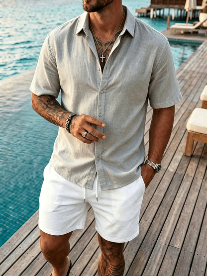Men's Casual Button-Up Shirt, Cotton-Linen Blend, Short Sleeve