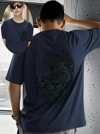 Boys' Cotton T-Shirt with Lion Warrior Print - Casual Summer Top