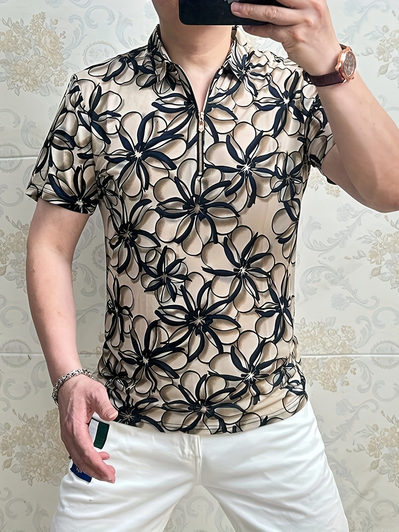 Men'S Lightweight Floral Print Short Sleeve T-Shirt - Stylish Black  Beige Business Casual Top with Zipper Detail, Regular Fit for Summer, Summer Casual Wear   Modern Casual Style   Stylish Button Details