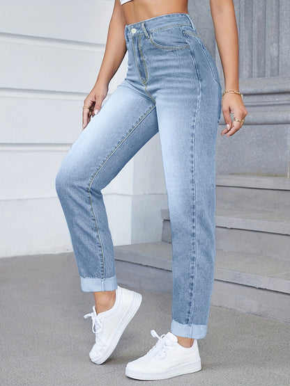 Women's Casual Cropped Rolled Toe Denim Mom Jeans