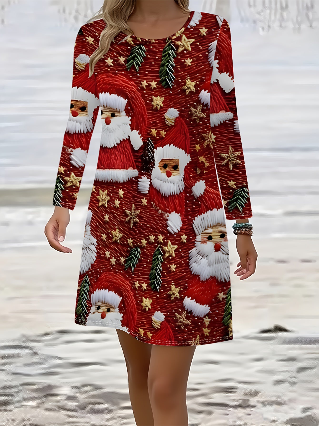Plus Size - Plus Size - Plus Size - Plus Size, Women'S Plus Size Christmas Print Long Sleeve Dress - Cozy Winter Holiday Outfit with Santa Claus & Reindeer Design