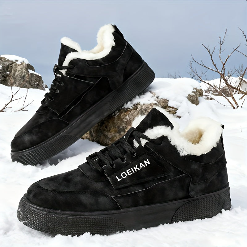 LOEIKAN Men'S Thickened Winter Sneakers - Heavy-Duty Cold Weather Shoes with faux fur Lining, Non-Slip PVC Sole - All-Season Low-Top Lace-Up Shoes for Hiking, Gym, Casual - Black/gray/white - Ideal For Men'S Outdoor & Daily W