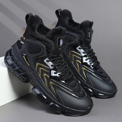 Men's Winter Warm High-Top Sneakers - Thermal Insulated PU/Fabric Upper, Golden-Tone Buckle & Strap Closure, Cushioned TPU Sole, Black/White/Golden Sneakers for Casual, Running, Everyday Winter Wear - All-Terrain Traction, Du