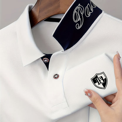 Men'S Fashion Short-Sleeve POLO Shirt | Contrast Rib-Knit Collar with 3D High-Frequency Print | Casual Style, Regular Fit, Summer Season - ayq