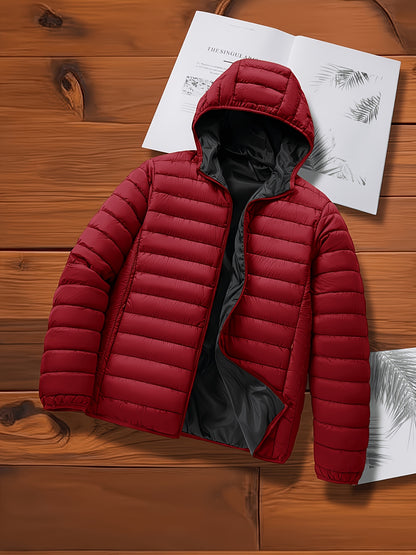 Men's Quilted Hooded Jacket with Ribbed Cuffs for Winter