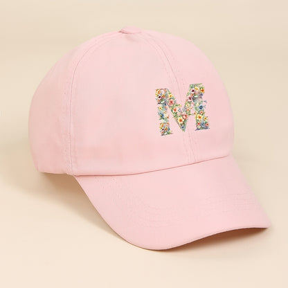 Adjustable Pink Baseball Cap for Kids with Floral Alphabet Design