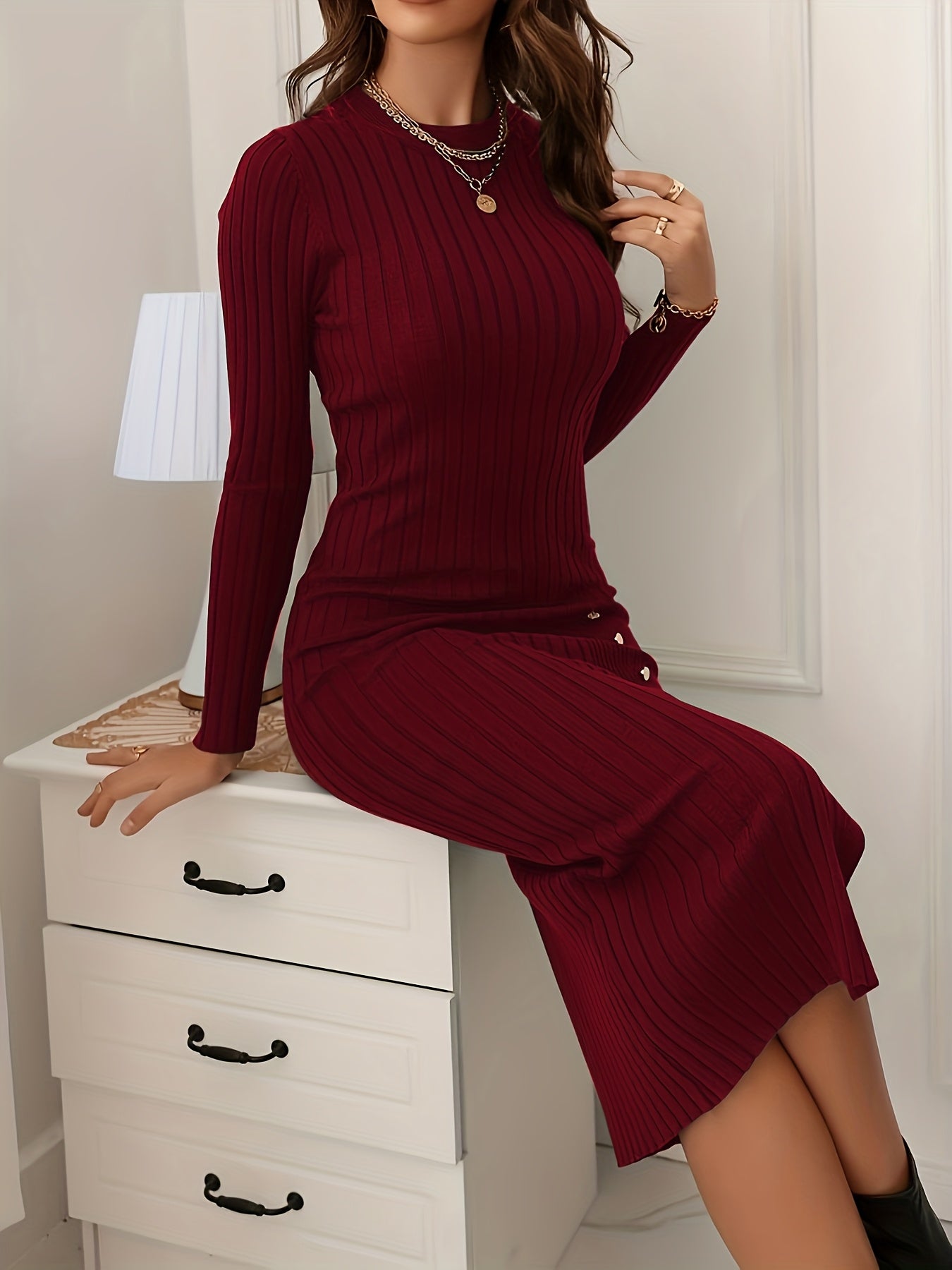 Solid Color Side Split Beltless Slim Fit Autumn Winter Dress 2111155665275355 Vika Targeted