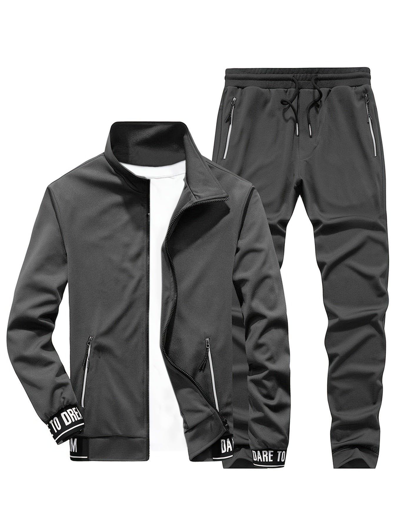 Men'S Casual Sportswear Set - Beige Zip-Up Jacket & Joggers with "DARE TO BE" Print, Long Sleeve, Pockets, and Drawstring Waist, Perfect for Running and Leisure Activities, Spring/Fall Collection, Spring Fall Attire | Zipup J