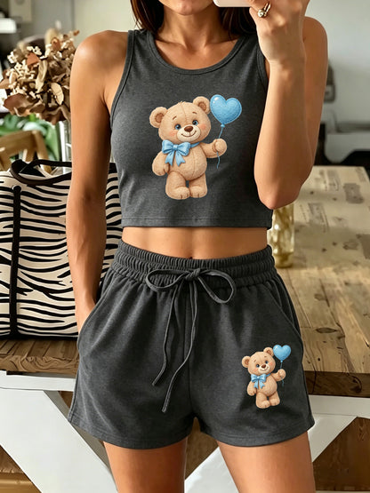 Casual Women's Two-Piece Vest and Shorts Set with Pattern Print
