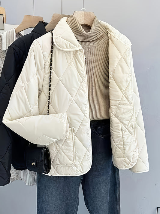 Women'S Quilted White Puffer Jacket - Lightweight Long Sleeve - Button-Up Front - High-Quality Polyester - Machine Washable - Casual Style for Spring, Fall & Winte