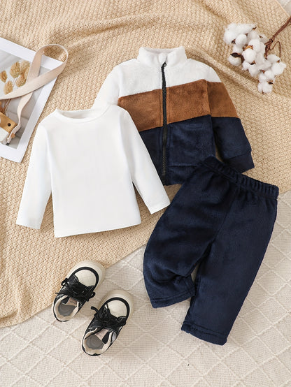 Girls' Fall Winter Plush Patchwork Jacket, T-Shirt & Pants Set