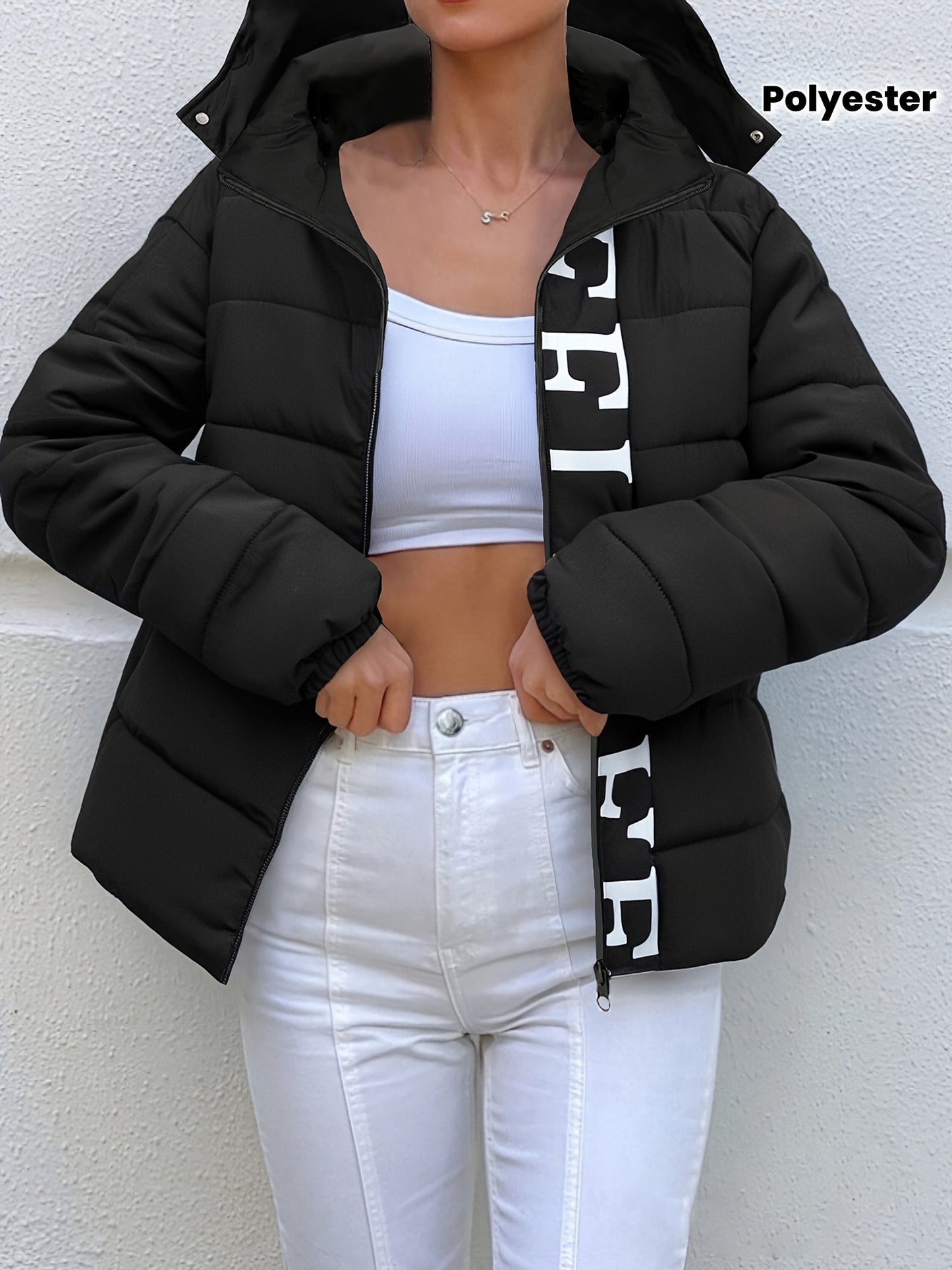 Women's Casual Hooded Jacket with Bold Letter Print, Relaxed Fit Winter Windproof Coat, 100% Polyester Zipper Pockets Mid-Length Outdoor Jacket, Machine Washable Cold Weather Clothing - Perfect Gift for Her