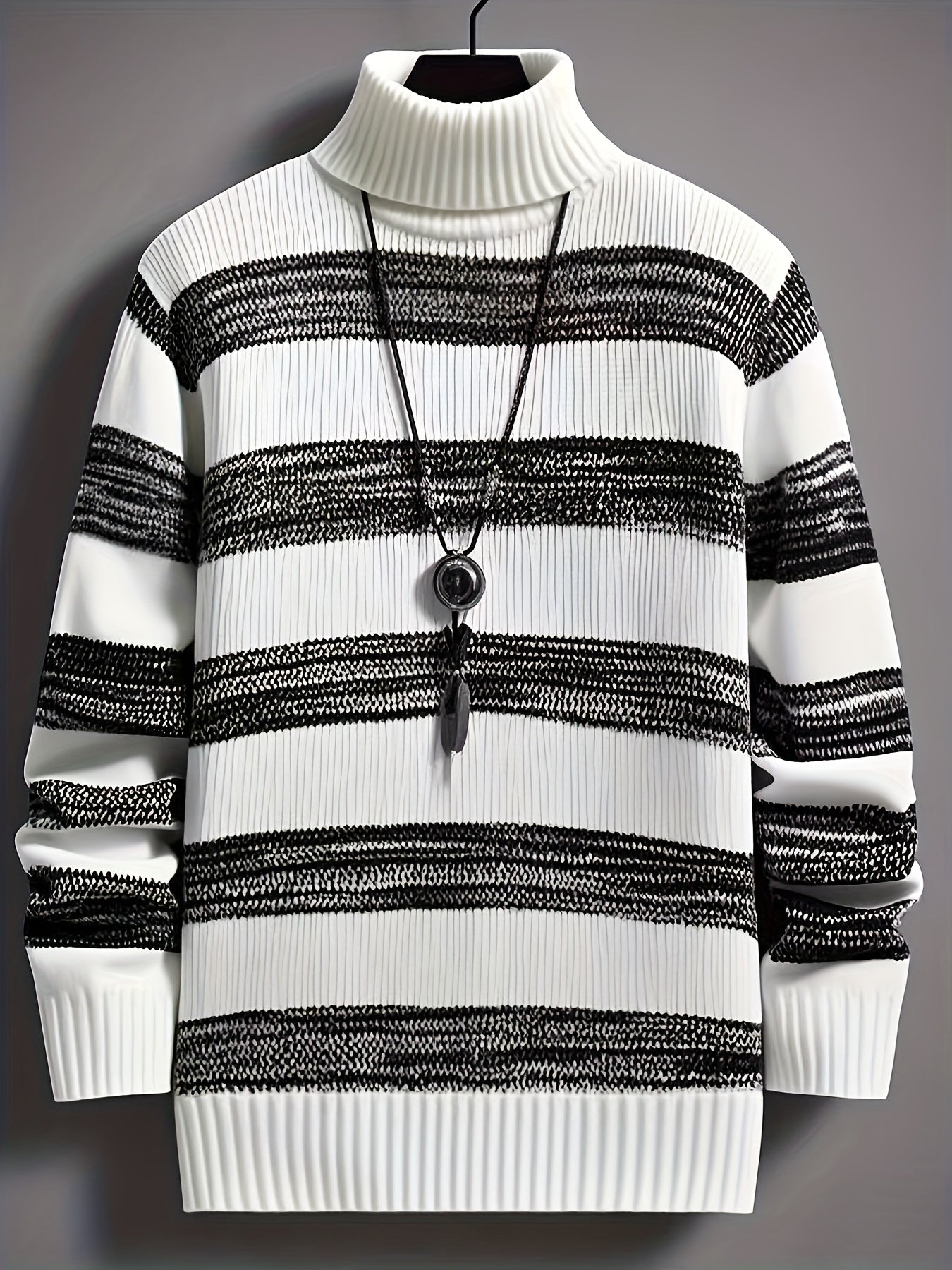 Men'S Stylish Black & White Striped Knit Pullover Sweater - High Neck, Long Sleeve, Ribbed Cuffs, Casual Fall/Winter Wear, Casual Wear Sweater | Highneck Sweater | Knit Construction, Sweater Vest