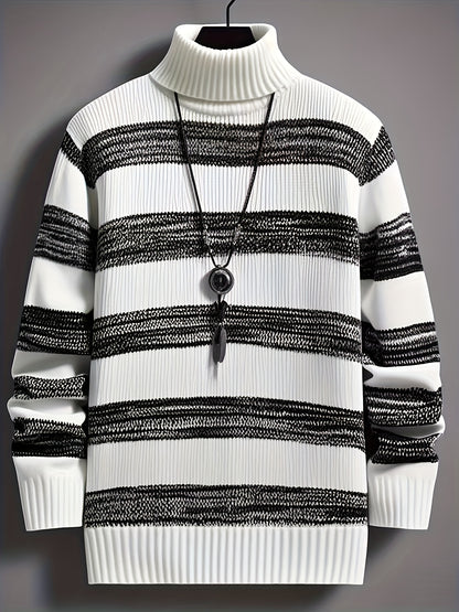 Men'S Stylish Black & White Striped Knit Pullover Sweater - High Neck, Long Sleeve, Ribbed Cuffs, Casual Fall/Winter Wear, Casual Wear Sweater | Highneck Sweater | Knit Construction, Sweater Vest