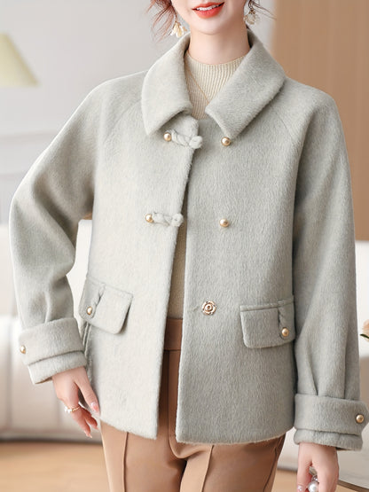 Snow Evening Women's 2025 New Winter Jacket - Short Wool-Blend Tweed Coat for Moms & Seniors, Thickened Warm Collar with Golden Buttons, Elegant Cold-Resistant Outerwear, Hand Washable (Grey/Black) - Professional & Casual Win