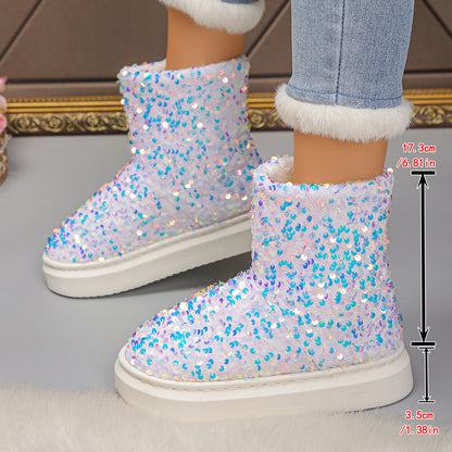 Women'S Sparkling Sequin Snow Boots - Cozy Fleece-Lined Slip-On Ankle Boots with Thick Rubber Sole, Lightweight & Warm for Winter, Blue & White Glittery Design, Perfect for Casual or Festive Outfits, Winter Boots